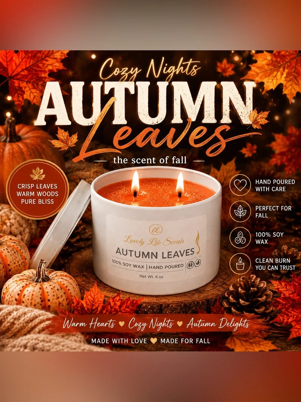Autumn Leaves 2-Wick 6oz Premium Soy Wax Candle - Lovely Life Scents